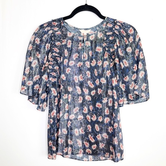 REBECCA Taylor navy blue floral sheer shimmer blouse - Picture 1 of 9